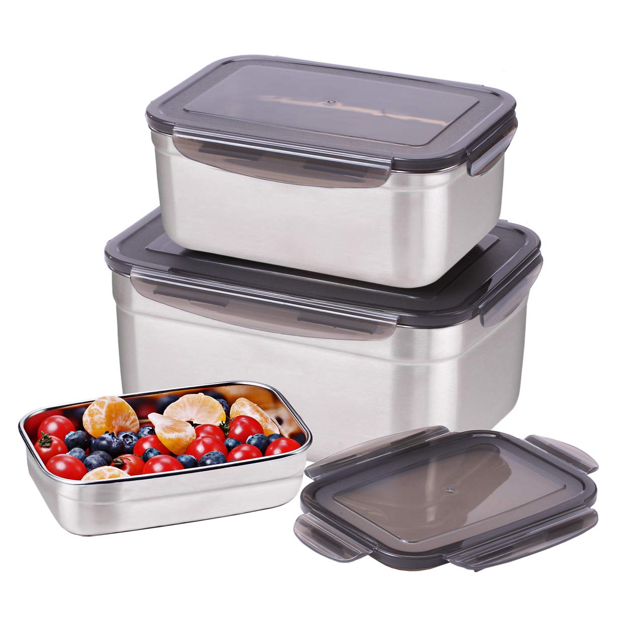 Sumerflos Large Stainless Steel Food Container - Set of 3 Sizes (Total Capacity: 6400ml/220oz) - Reusable Storage Container Set with Leakproof Lids - for Kimchi, Fruit, Salad, Outdoor Picnic