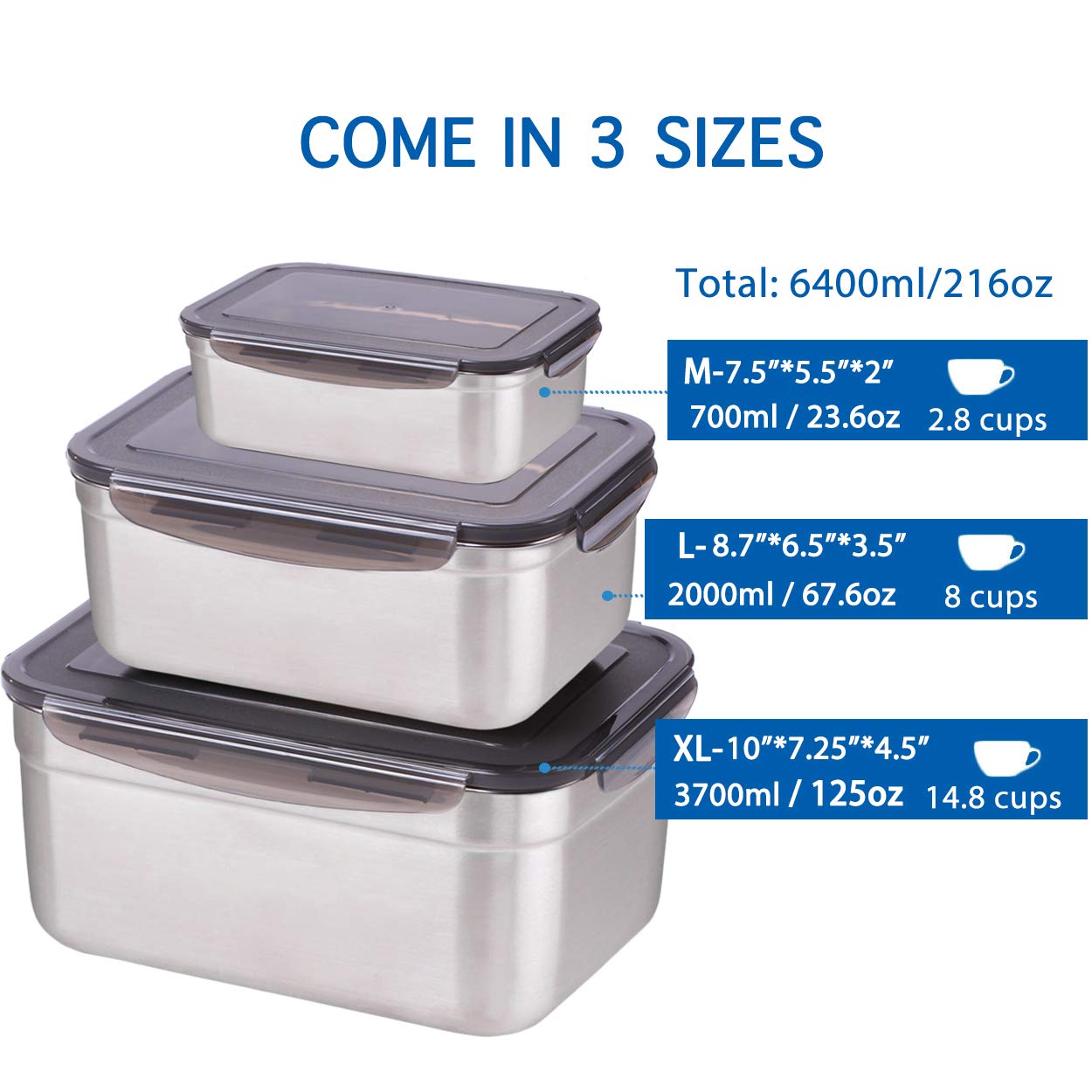 Sumerflos Large Stainless Steel Food Container - Set of 3 Sizes (Total Capacity: 6400ml/220oz) - Reusable Storage Container Set with Leakproof Lids - for Kimchi, Fruit, Salad, Outdoor Picnic