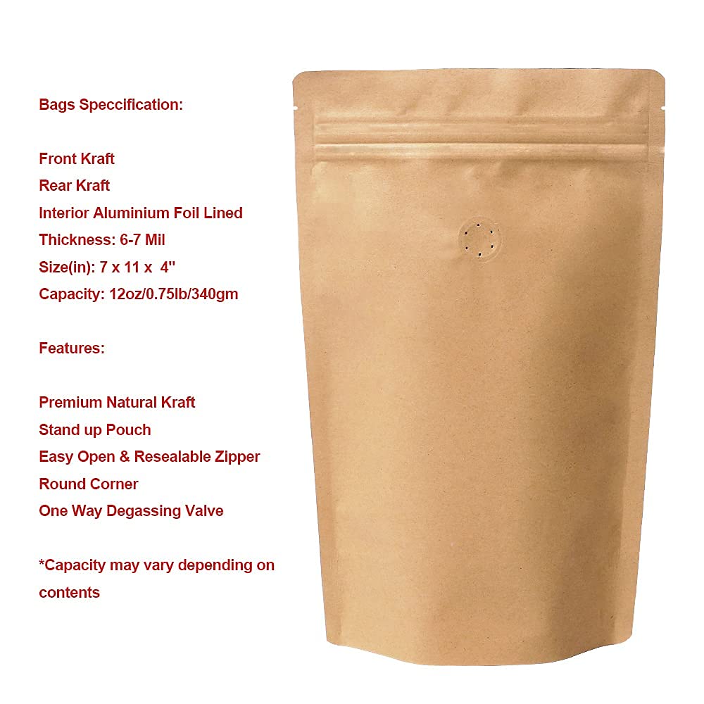 12 Ounce 50 Pieces Coffee Pouches with Ziplock - High Barrier Natural Kraft Paper Stand up Coffee Bags with One Way Degassing Valve & Zipper (50, 12oz/0.75lb/340gram)