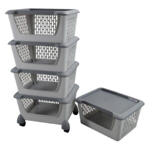 jandson grey plastic stacking baskets, large stackable storage bins, 5 packs