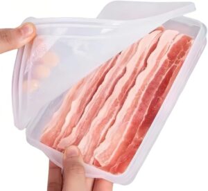 wulikanhua 2 pack plastic bacon box, deli meat saver cold cuts fridge keeper, cheese food storage container with lid for refrigerator, shallow low profile christmas cookie holder