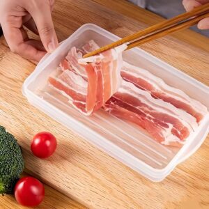 wulikanhua 2 Pack Plastic Bacon Box, Deli Meat Saver Cold Cuts Fridge Keeper, Cheese Food Storage Container with Lid for Refrigerator, Shallow Low Profile Christmas Cookie Holder