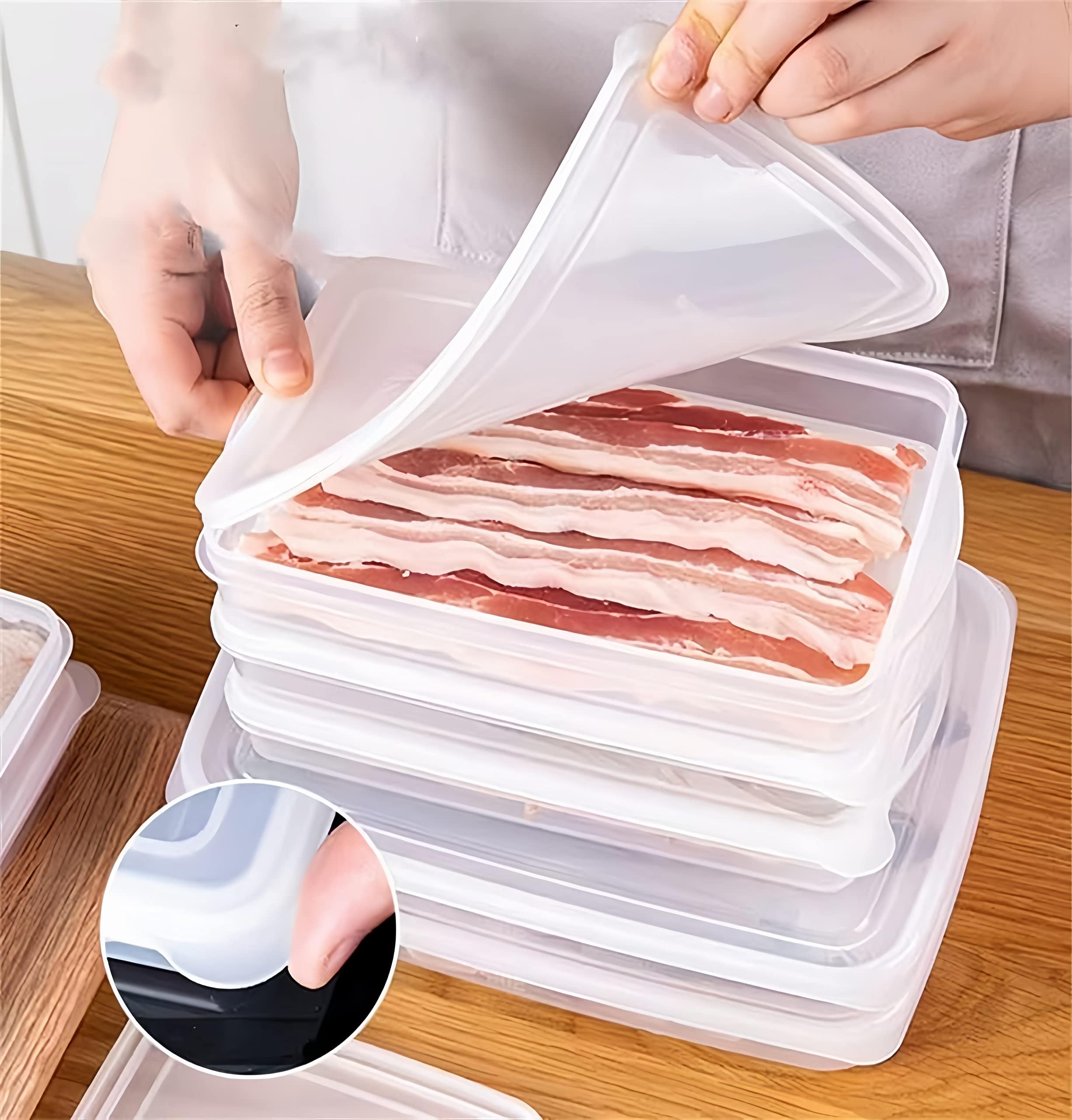 wulikanhua 2 Pack Plastic Bacon Box, Deli Meat Saver Cold Cuts Fridge Keeper, Cheese Food Storage Container with Lid for Refrigerator, Shallow Low Profile Christmas Cookie Holder