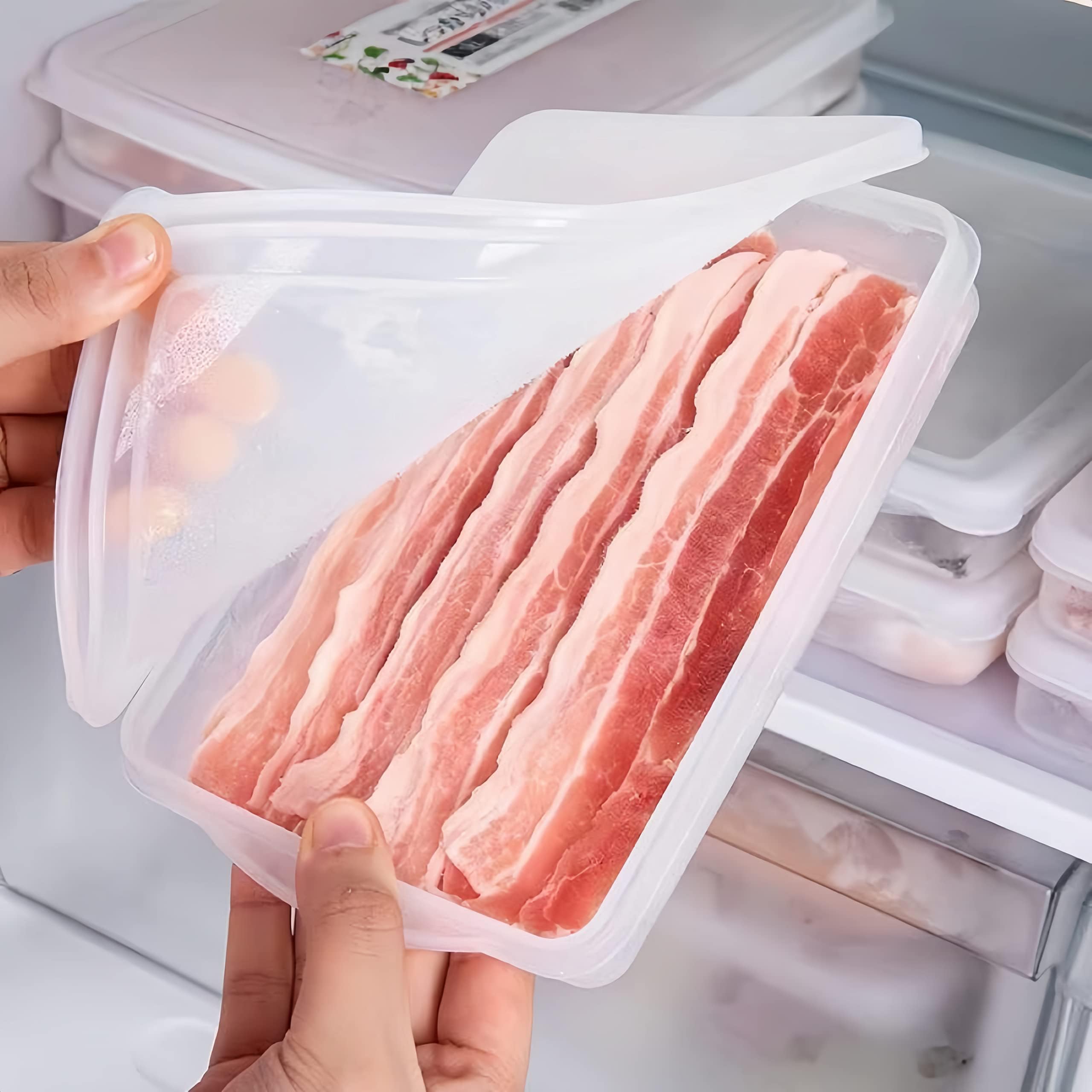 wulikanhua 2 Pack Plastic Bacon Box, Deli Meat Saver Cold Cuts Fridge Keeper, Cheese Food Storage Container with Lid for Refrigerator, Shallow Low Profile Christmas Cookie Holder