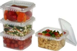 decony plastic deli containers with lids 8 oz- 25 pack square clear plastic containers- tamper-proof bpa-free take away food containers- space saver, airtight, freezer safe meal prep containers
