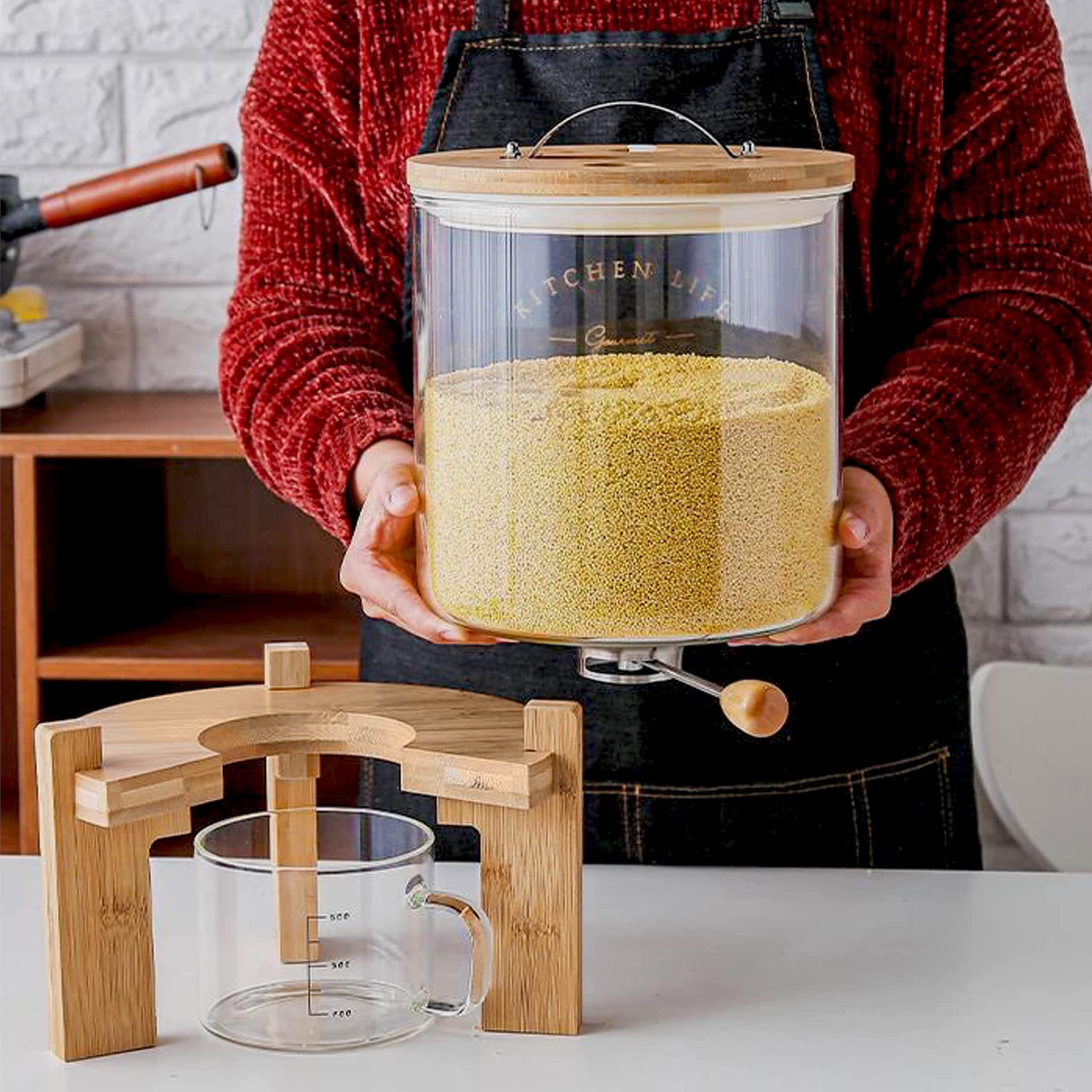 L'ÉPICÉA Glass Rice Dispenser with Bamboo Stand, Large Airtight Rice Storage Container, Cereal/Grain/Coffee Bean/Dry Food Dispenser Countertop, Rice Holder, Rice Bin