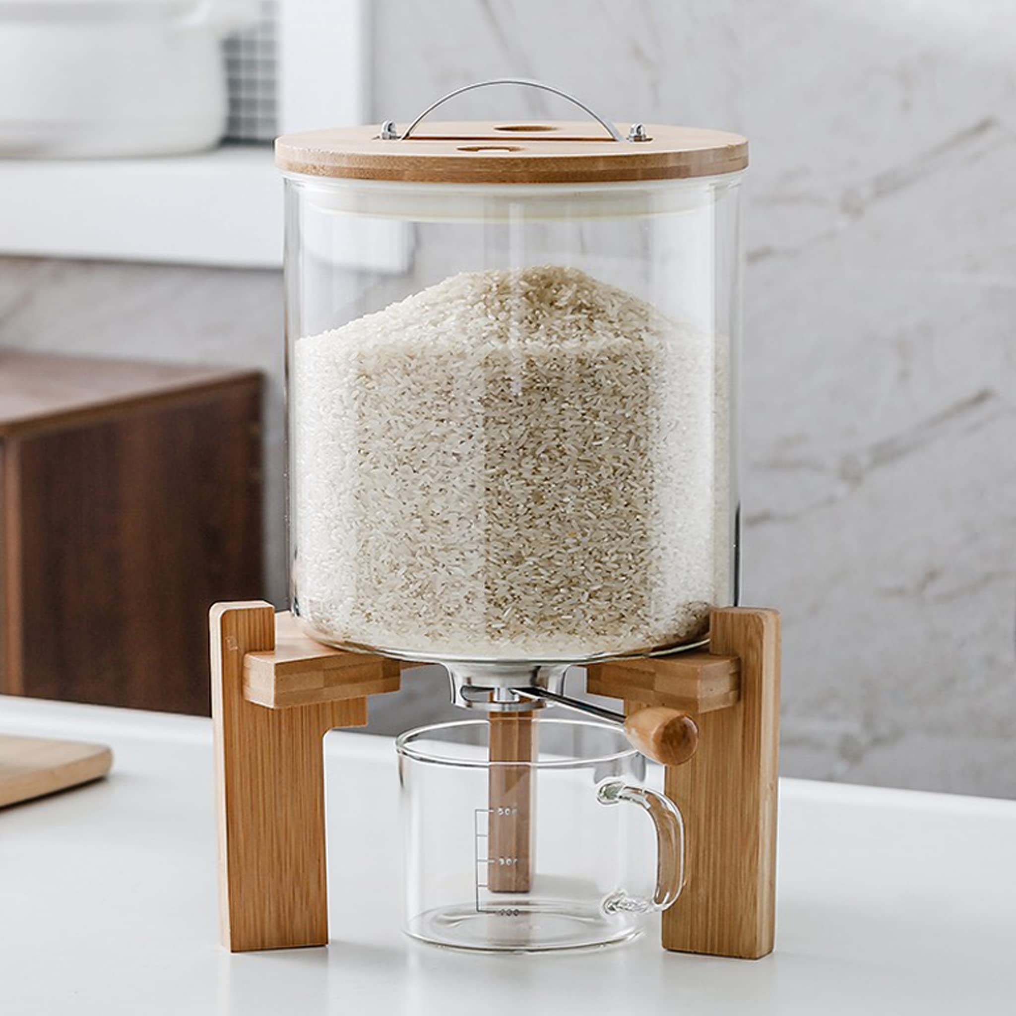 L'ÉPICÉA Glass Rice Dispenser with Bamboo Stand, Large Airtight Rice Storage Container, Cereal/Grain/Coffee Bean/Dry Food Dispenser Countertop, Rice Holder, Rice Bin