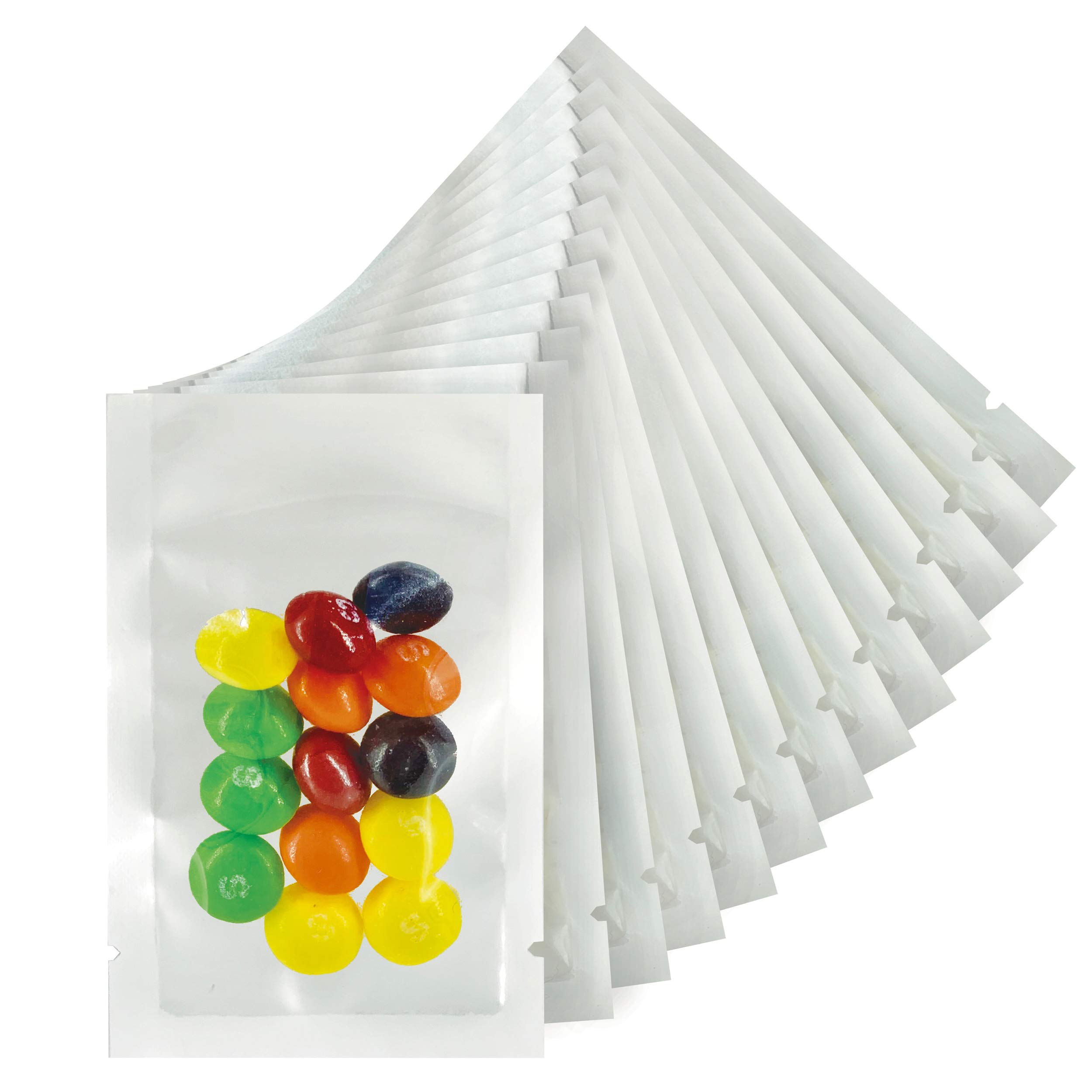 100 Count Mylar Heat Seal Bags - White and Clear Mylar Vacuum Seal Bags - Food Grade Sealable Bags for Packaging and Samples - Small Flat Sample Bags Sealable With Tear Notch (2.5 x 3.5 inch)