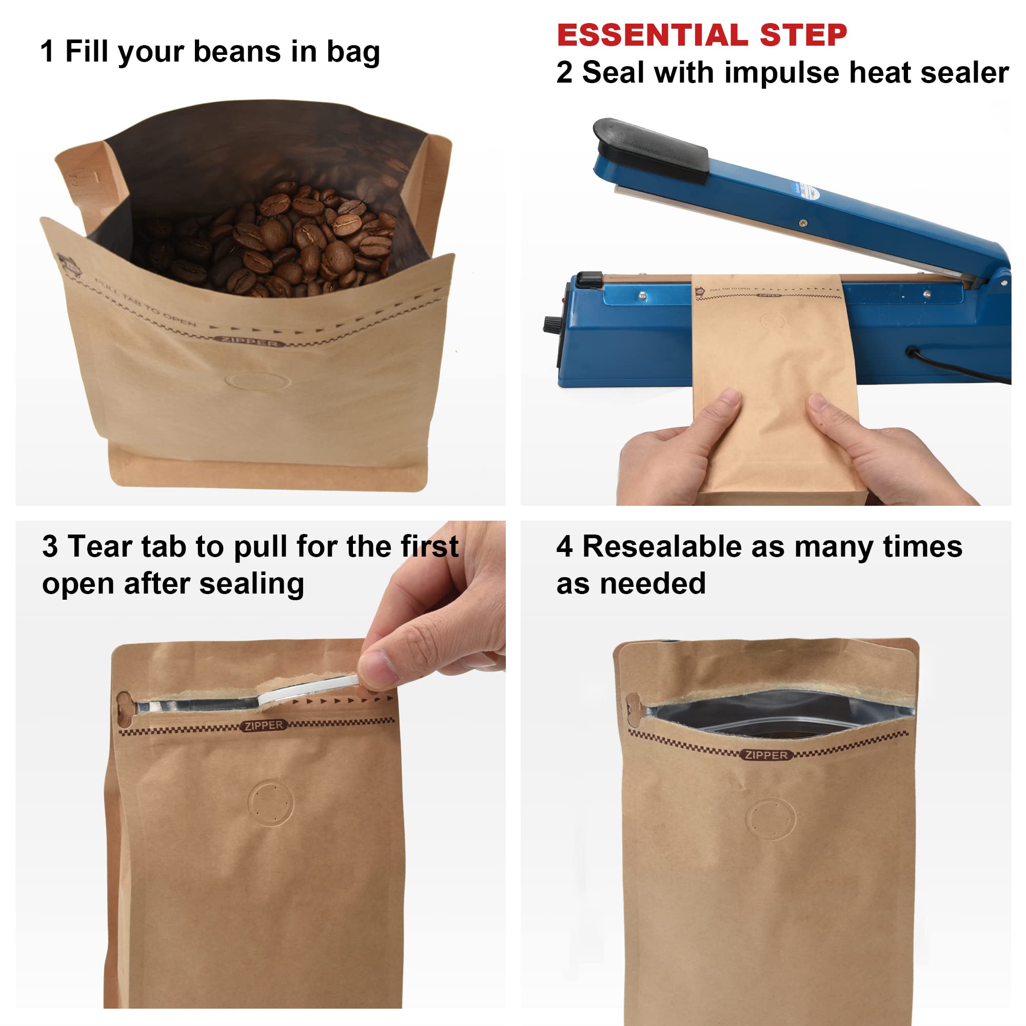 50 Pieces 4 Ounce Kraft Paper Stand Up Coffee Bag/Flat Bottom Pouch with Air Release Valve and Reusable Side Zipper. (50pcs, ¼lb/4oz/100gram)