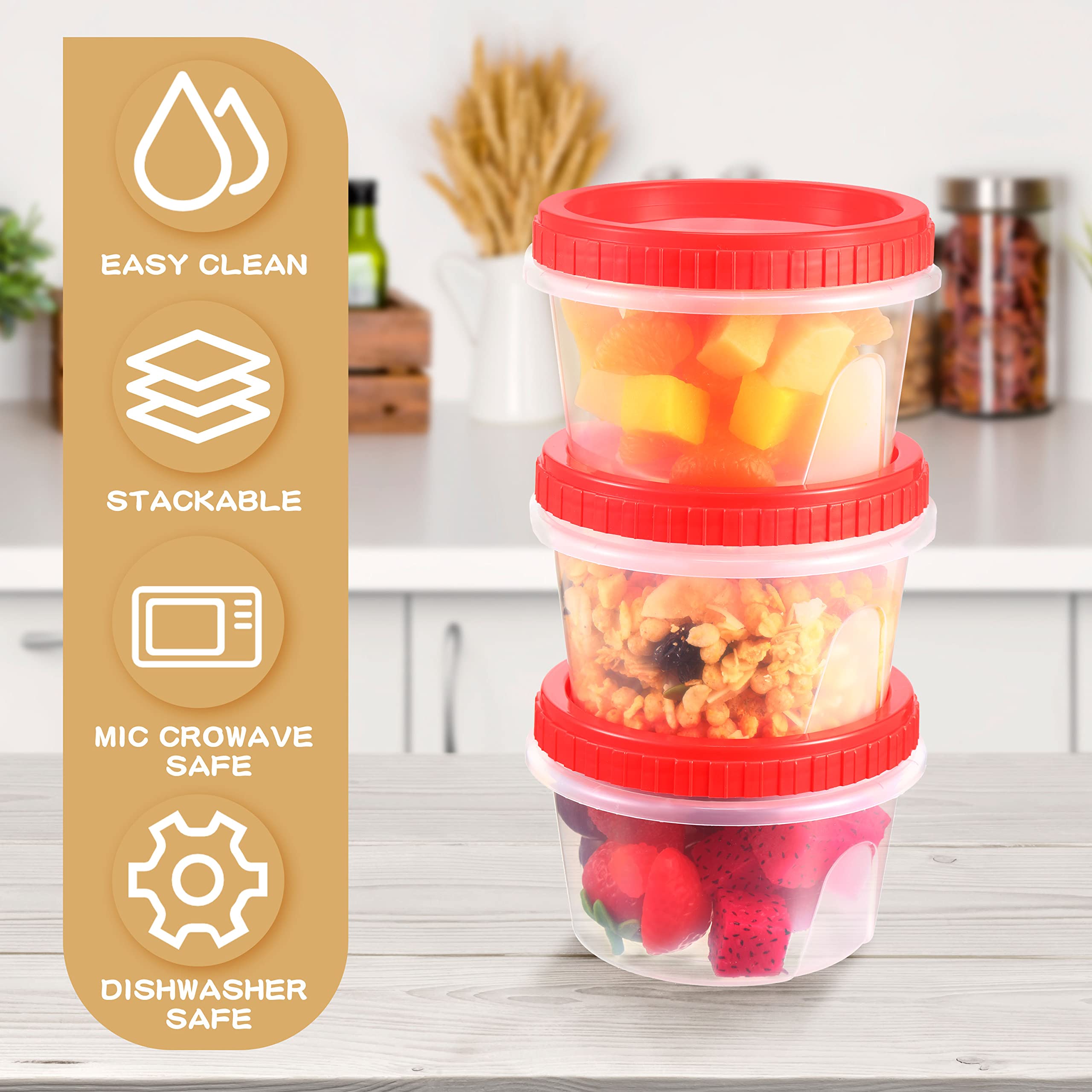 Mimorou 30 Pack Freezer Containers for Food 17 oz Twist Top Deli Storage Plastic Clear Bottom with Red Screw Reusable Stackable Overnight Oats Lids Lunch Fruit Soup Meal Portion