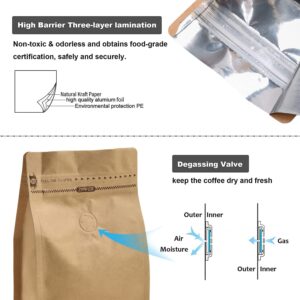 50 Pieces 4 Ounce Kraft Paper Stand Up Coffee Bag/Flat Bottom Pouch with Air Release Valve and Reusable Side Zipper. (50pcs, ¼lb/4oz/100gram)