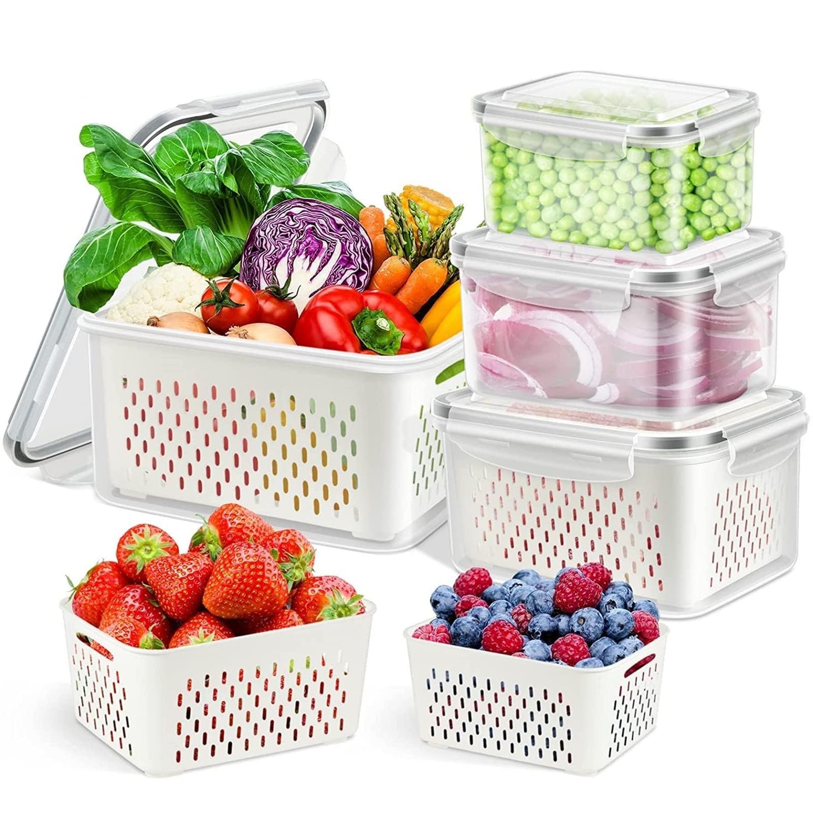 Fruit Storage Containers For Fridge,Fridge Organizers and Storage Include Drain Baskets & Lid,Food Storage Containers for Salad Berry Lettuce Food Meat Fish Celery