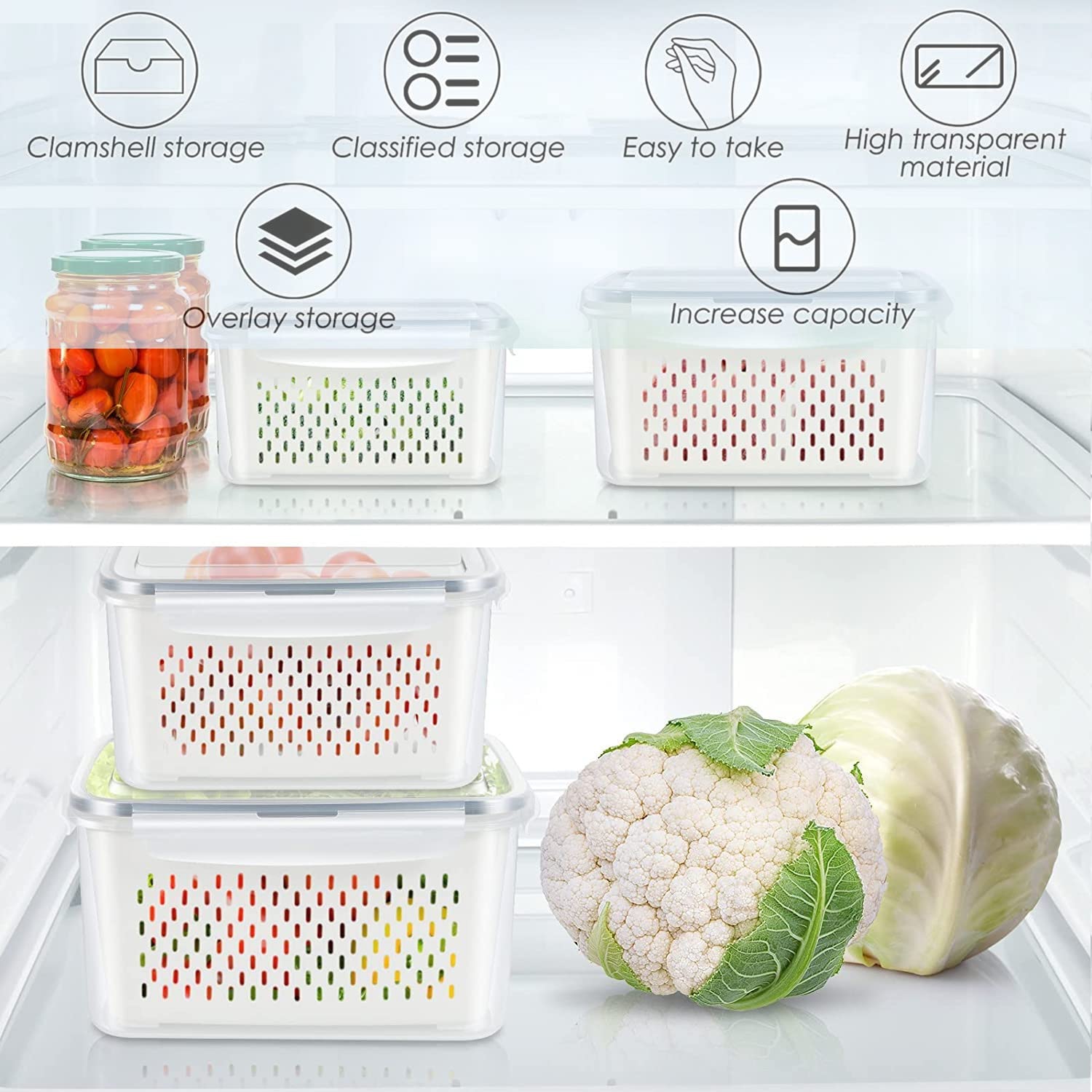 Fruit Storage Containers For Fridge,Fridge Organizers and Storage Include Drain Baskets & Lid,Food Storage Containers for Salad Berry Lettuce Food Meat Fish Celery