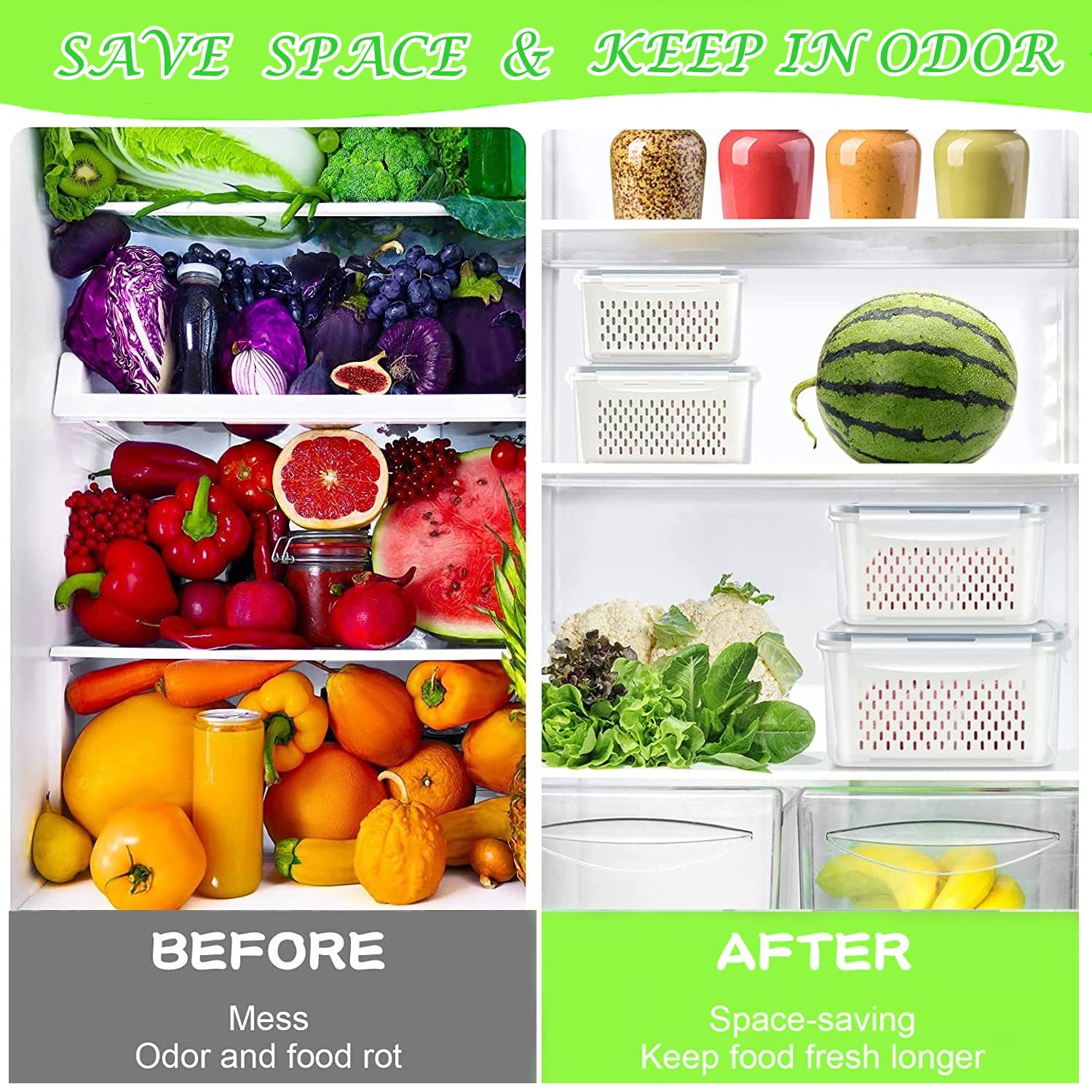 Fruit Storage Containers For Fridge,Fridge Organizers and Storage Include Drain Baskets & Lid,Food Storage Containers for Salad Berry Lettuce Food Meat Fish Celery