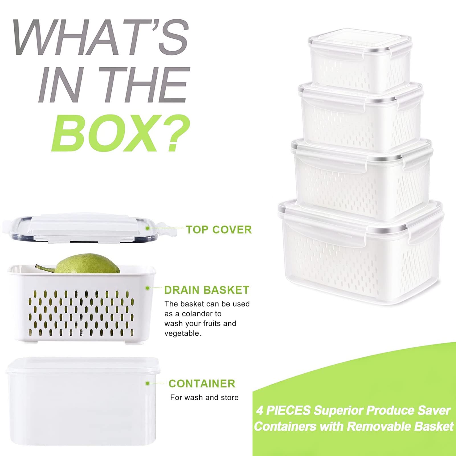 Fruit Storage Containers For Fridge,Fridge Organizers and Storage Include Drain Baskets & Lid,Food Storage Containers for Salad Berry Lettuce Food Meat Fish Celery