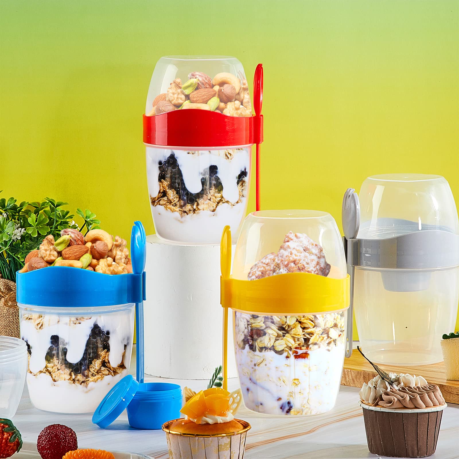 4 Pack 29 oz Take and Go Breakfast Yogurt Oats Cups Overnight Oats Container with Lid and Spoon Portable and Reusable Salad Meal Shaker Cup with Topping Cereal Cup for Yogurt Oatmeal Oats Food Parfait