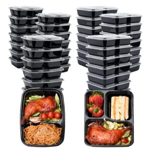 glotoch meal prep container,100pack 2,3 compartment reusable food storage containers for lunch, leftover.disposable black plastic containers with lids to go container-bpa-free microwave safe