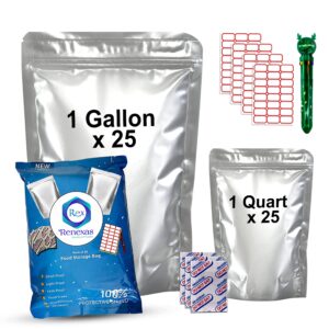 50 pcs mylar bags for food storage with oxygen absorbers, airtight resealable foil pouches for long term storage, reusable ziplock bags pack of 1 gallon(25pcs) and 1 quart(25pcs)