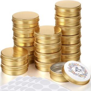 2 oz 72 pcs metal round tins aluminum tin cans salve tins containers with screw lid 20 sheets stickers for salve spice candies balms candles (gold)
