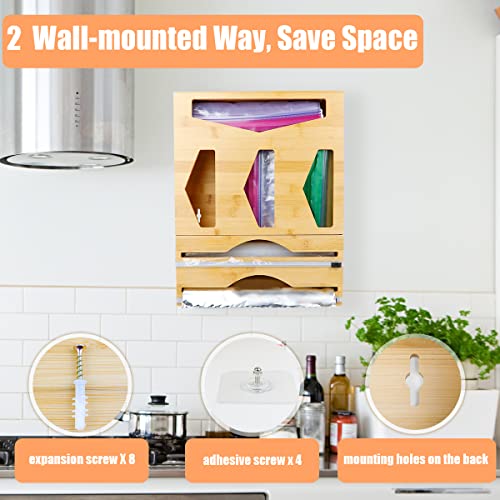 BIBIELF Bag Storage Organizer for Kitchen Drawer, Bamboo Ziplock Bag Storage Organizer Aluminum Foil with Cutter, Wall-mount Plastic Bag Storage Holder for Kitchen Drawer Wall Cabinet