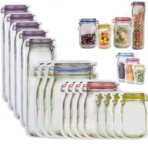 mason jar zipper bags, 20pcs reusable storage bags mason bottle shape storage bags portable mason jar stand-up leakproof food saver bags for home kitchen