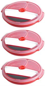 home products essentials microwave food storage travel tray containers - portion control - 3 section compartment divided plates with vented lid for easy reheat (3, red)
