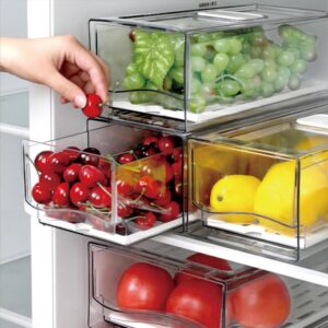 bealy 2 pack refrigerator organizing bins with drain board stackable refrigerator organizer bins, reusable food storage containers, fridge drawer organizer,kitchen,produce,fruit,vegetable