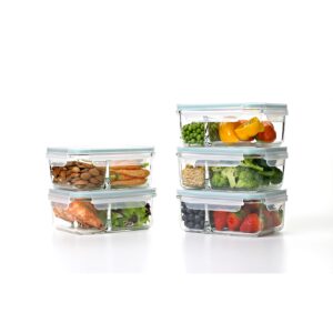 glasslock duo 5 piece clear tempered glass microwave, dishwasher, freezer safe divided food storage containers with snap close bpa free plastic lids