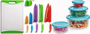 eatneat 12 pc colorful kitchen knife set 4 pc round glass food storage containers with lids
