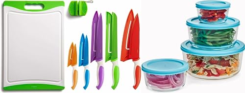 EatNeat 12 Pc Colorful Kitchen Knife Set 4 pc Round Glass Food Storage Containers With Lids