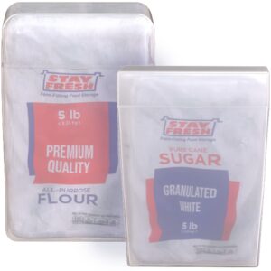 stay fresh flour and sugar containers – kitchen discovery – 2 piece set of snap close kitchen containers for flour and sugar storage – keeps contents fresh, pourable and spillproof