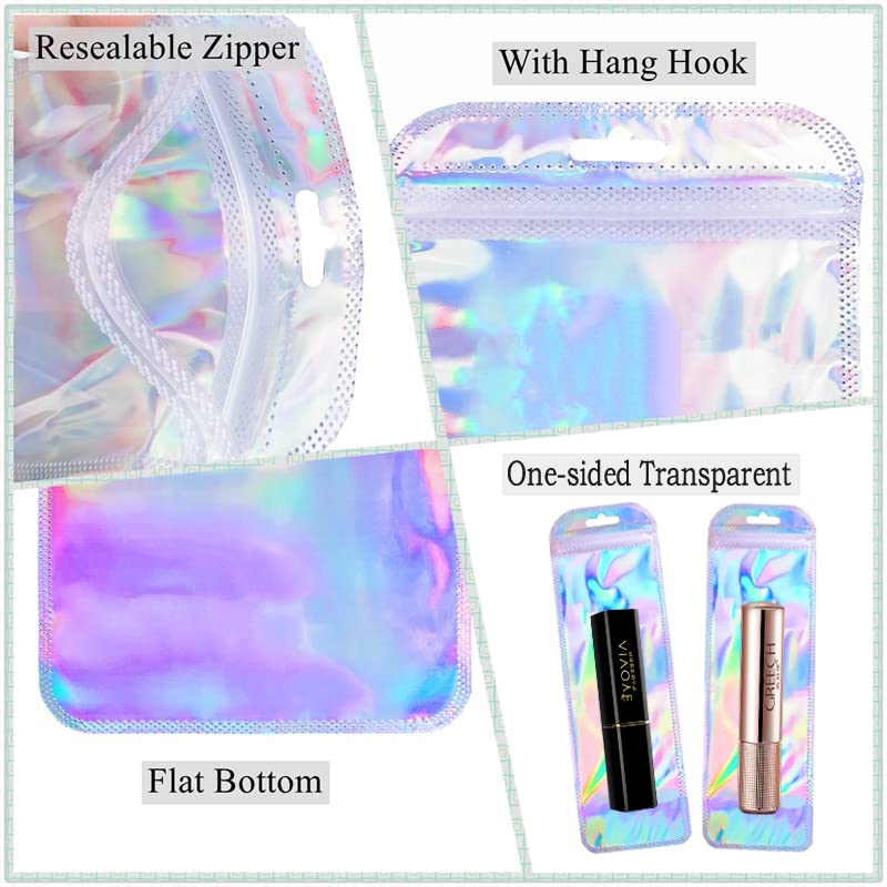 100 Pieces Holographic Bags Packaging Bags for Small Business Packaging Resealable Bags for Packaging Lipgloss, Jewelry Lash 2.4x5inch