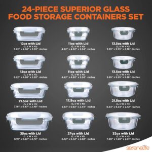 SereneLife 24-Piece Food Glass Storage Containers - Superior Glass Food Storage Set, Stackable Design with Newly Innovated Hinged Locking lids, 11 To 35 Oz. Capacity, Gray - SLGL24GY