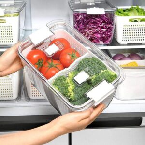 shebi product - 3-pack refrigerator organizer bins- clear plastic fridge organizer for fruit & produce with removeable tray- stackable kitchen organization- fruit containers for fridge (white)