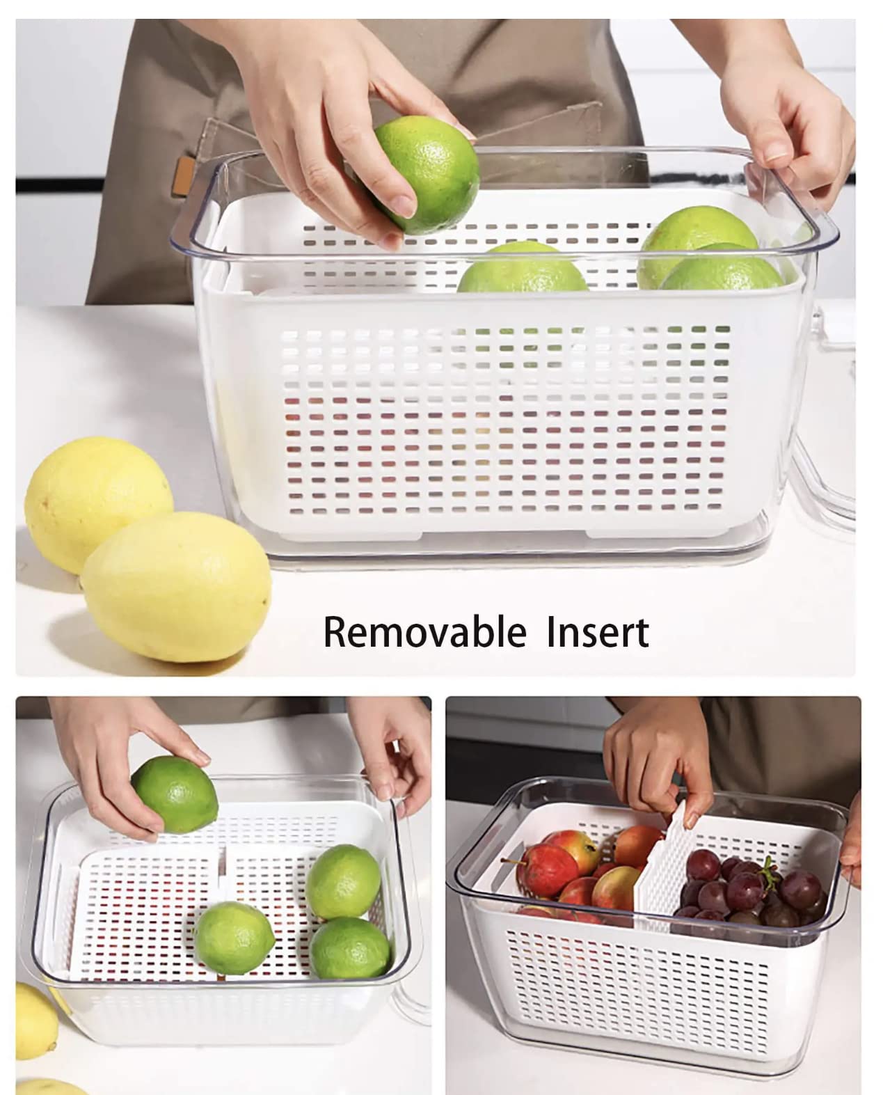 SHEBI PRODUCT - 3-Pack Refrigerator Organizer Bins- Clear Plastic Fridge Organizer for Fruit & Produce with Removeable Tray- Stackable Kitchen Organization- Fruit Containers for Fridge (White)