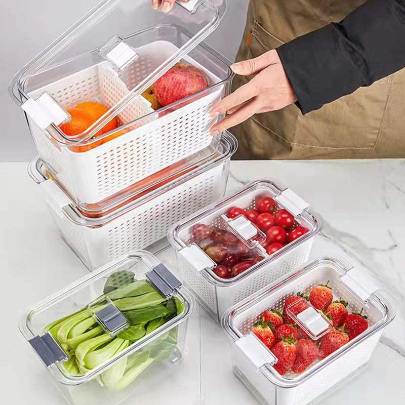 SHEBI PRODUCT - 3-Pack Refrigerator Organizer Bins- Clear Plastic Fridge Organizer for Fruit & Produce with Removeable Tray- Stackable Kitchen Organization- Fruit Containers for Fridge (White)