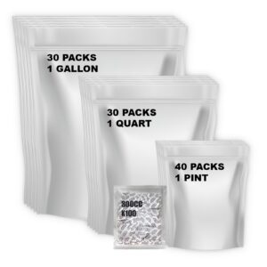 rl7 9.5 mil mylar bags for food storage with oxygen absorbers 300cc – 100 pack ziplock heat resealable mylar bags 1 gallon 10"x14" (30pcs) - 1 quart 6"x9" (30pcs) – 1/2 pint 4"x6" (40pcs) & labels