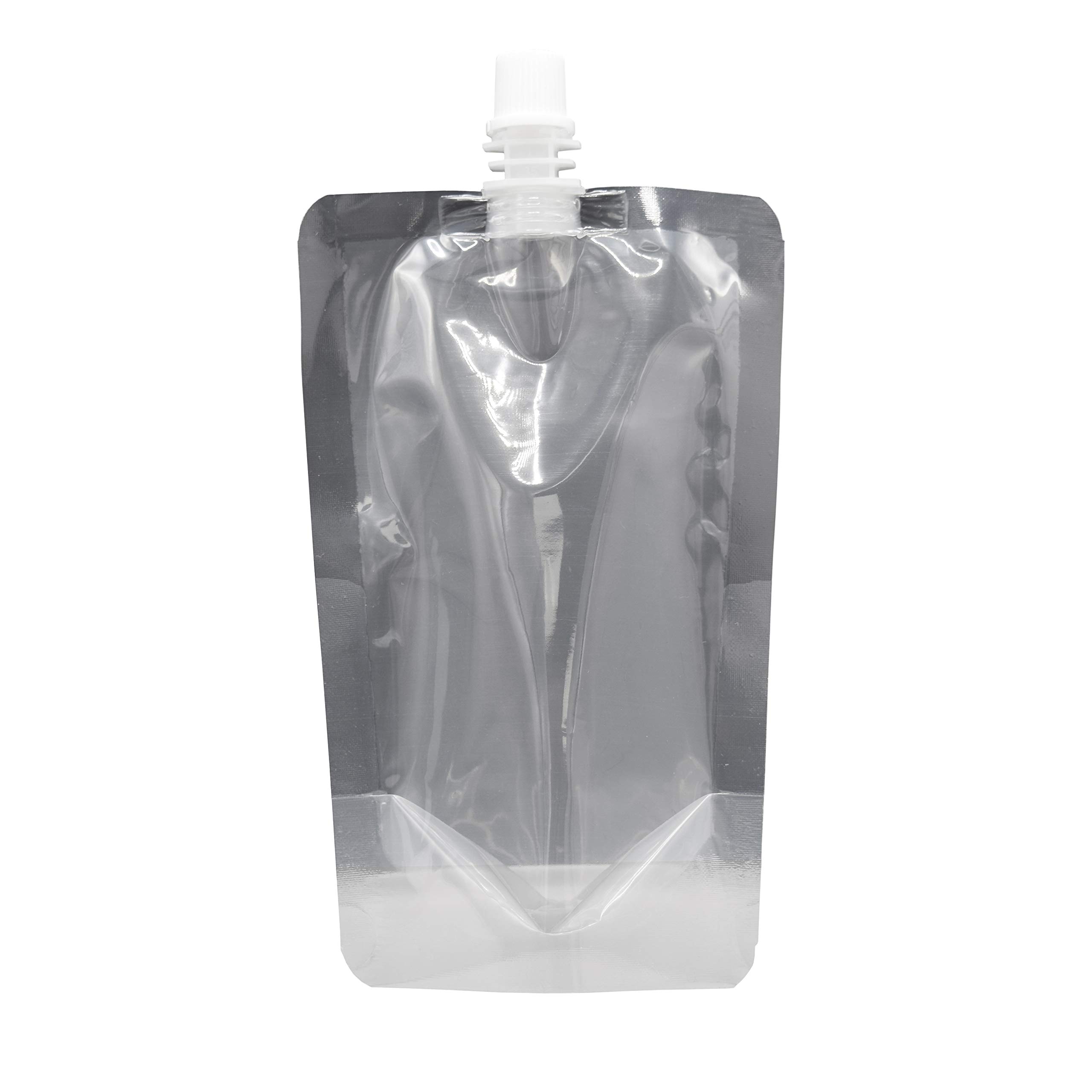 50 pcs Screw Cap Spout Liquid Drinking Stand-Up Flask Pouch w/Complementary Funnel (13.5 oz, Transparent Clear)