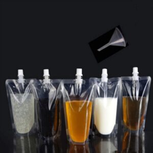 50 pcs Screw Cap Spout Liquid Drinking Stand-Up Flask Pouch w/Complementary Funnel (13.5 oz, Transparent Clear)