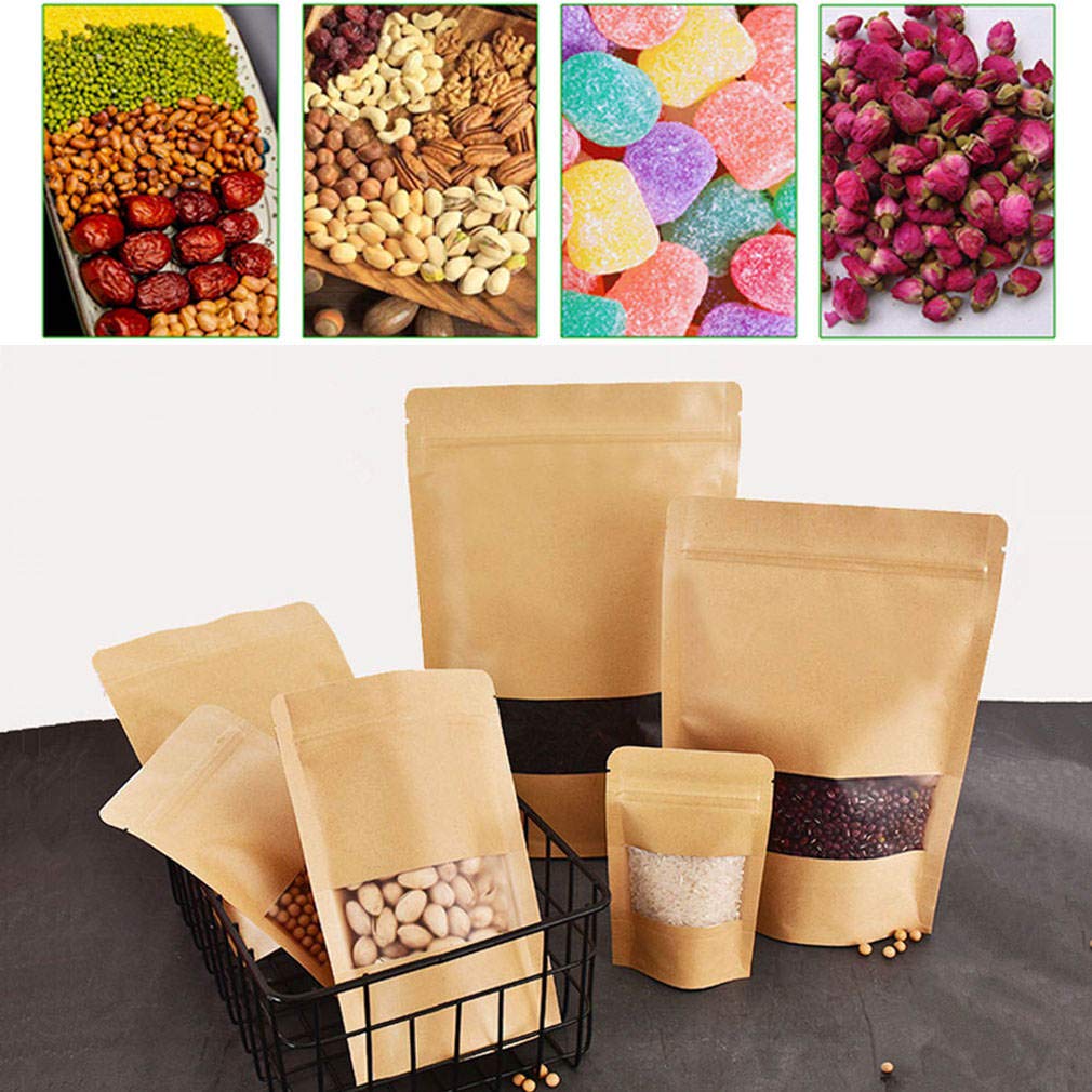 50pcs Kraft Paper Bags with Window Resealable Zip Lock Food Storage Bags Heat Sealable Stand Up Brown Paper Pouches for Cookies Coffee Tea 1lb 8×12in