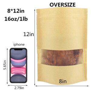 50pcs Kraft Paper Bags with Window Resealable Zip Lock Food Storage Bags Heat Sealable Stand Up Brown Paper Pouches for Cookies Coffee Tea 1lb 8×12in