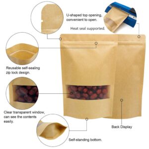 50pcs Kraft Paper Bags with Window Resealable Zip Lock Food Storage Bags Heat Sealable Stand Up Brown Paper Pouches for Cookies Coffee Tea 1lb 8×12in