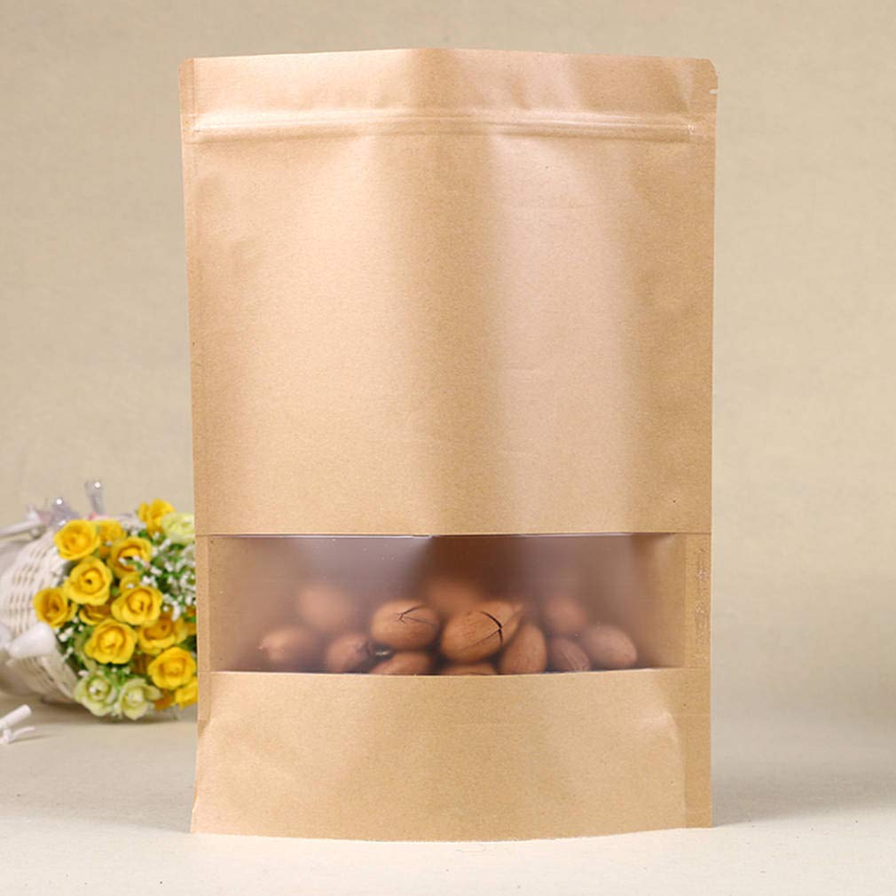 50pcs Kraft Paper Bags with Window Resealable Zip Lock Food Storage Bags Heat Sealable Stand Up Brown Paper Pouches for Cookies Coffee Tea 1lb 8×12in