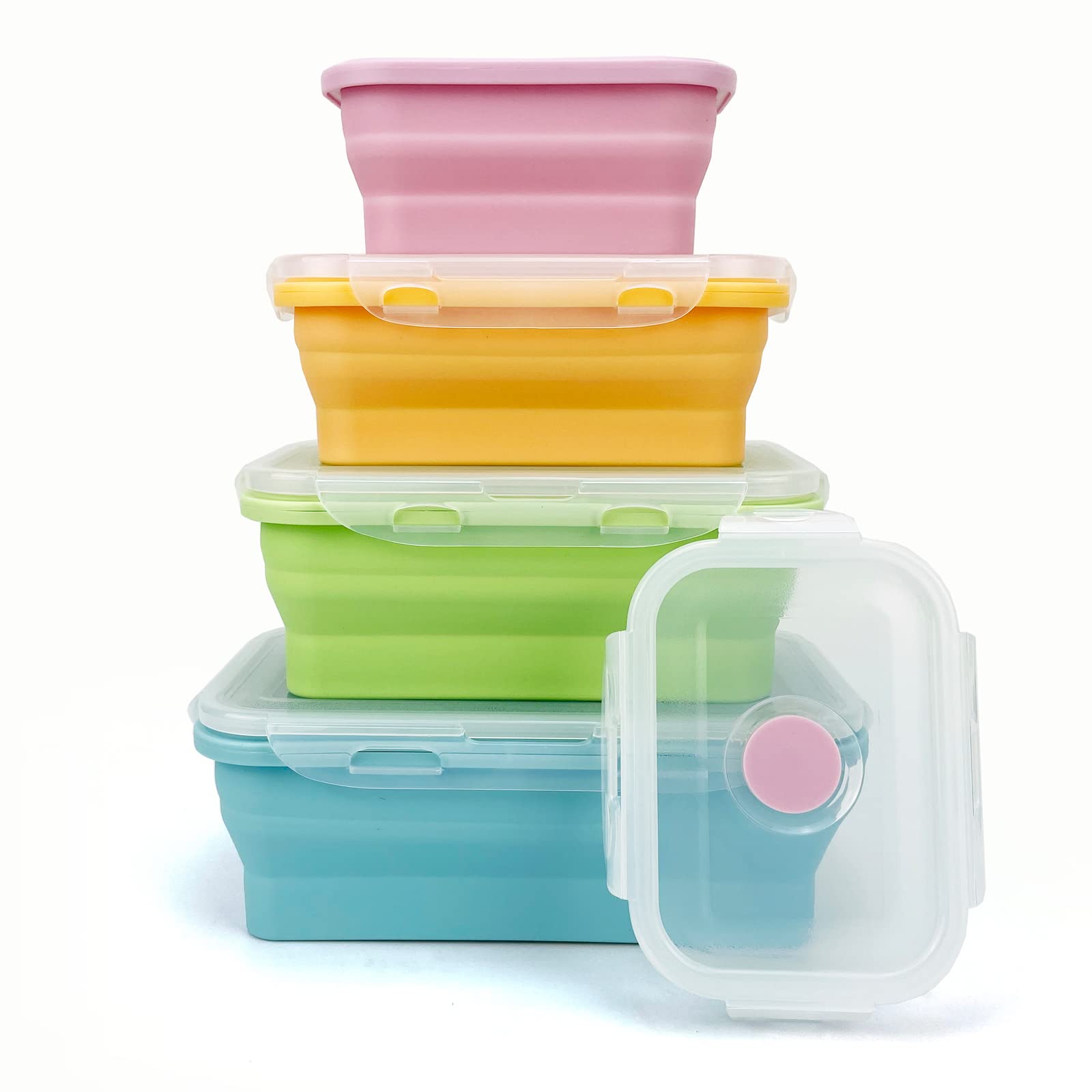 Lunbengo 4Pack Collapsible Reusable Lunch Containers, 350ml-500ml-800ml-1200ml, Silicone Food Storage Containers with Lids, Food Grade, Space Saving, Leak-proof Camping Travel Food Containers