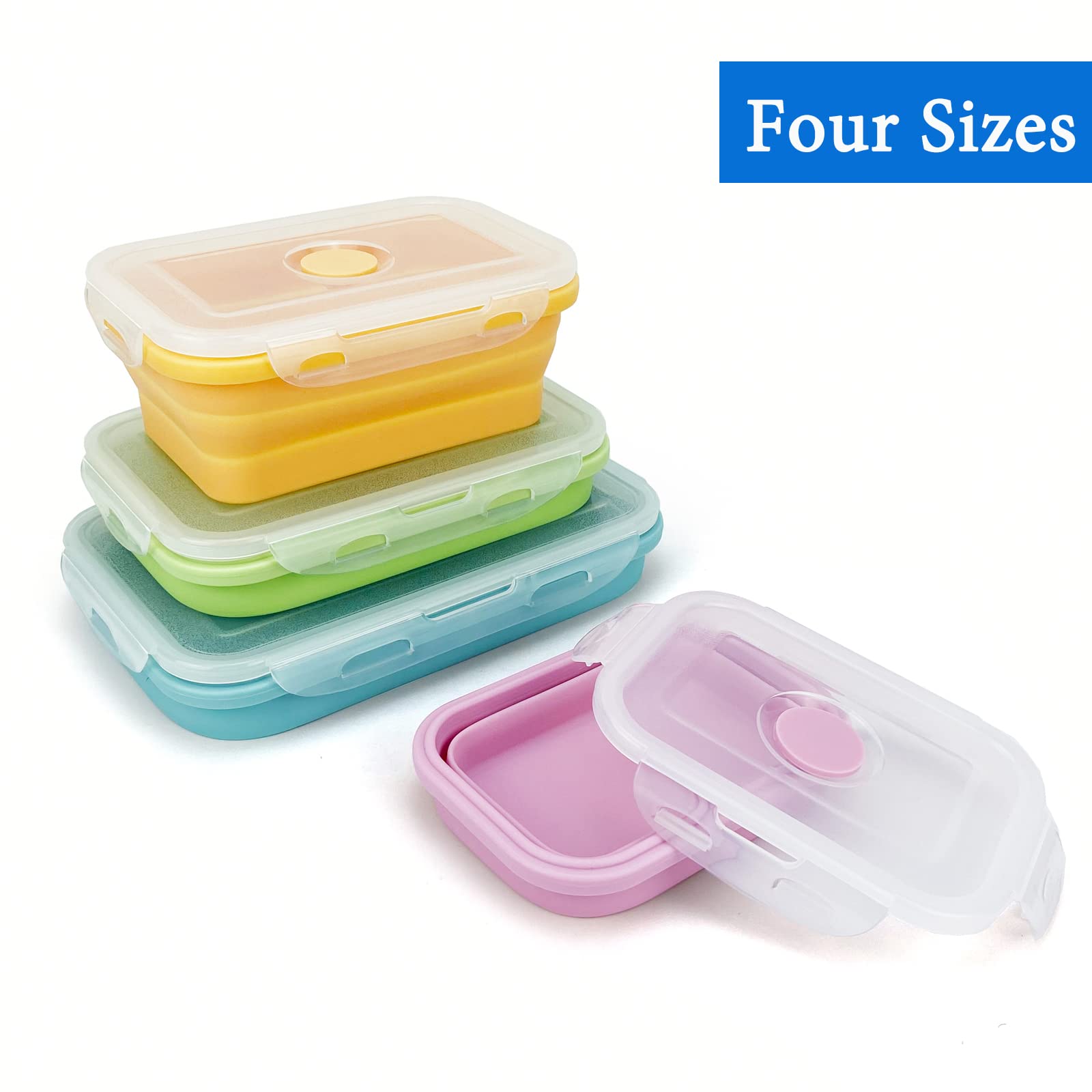 Lunbengo 4Pack Collapsible Reusable Lunch Containers, 350ml-500ml-800ml-1200ml, Silicone Food Storage Containers with Lids, Food Grade, Space Saving, Leak-proof Camping Travel Food Containers