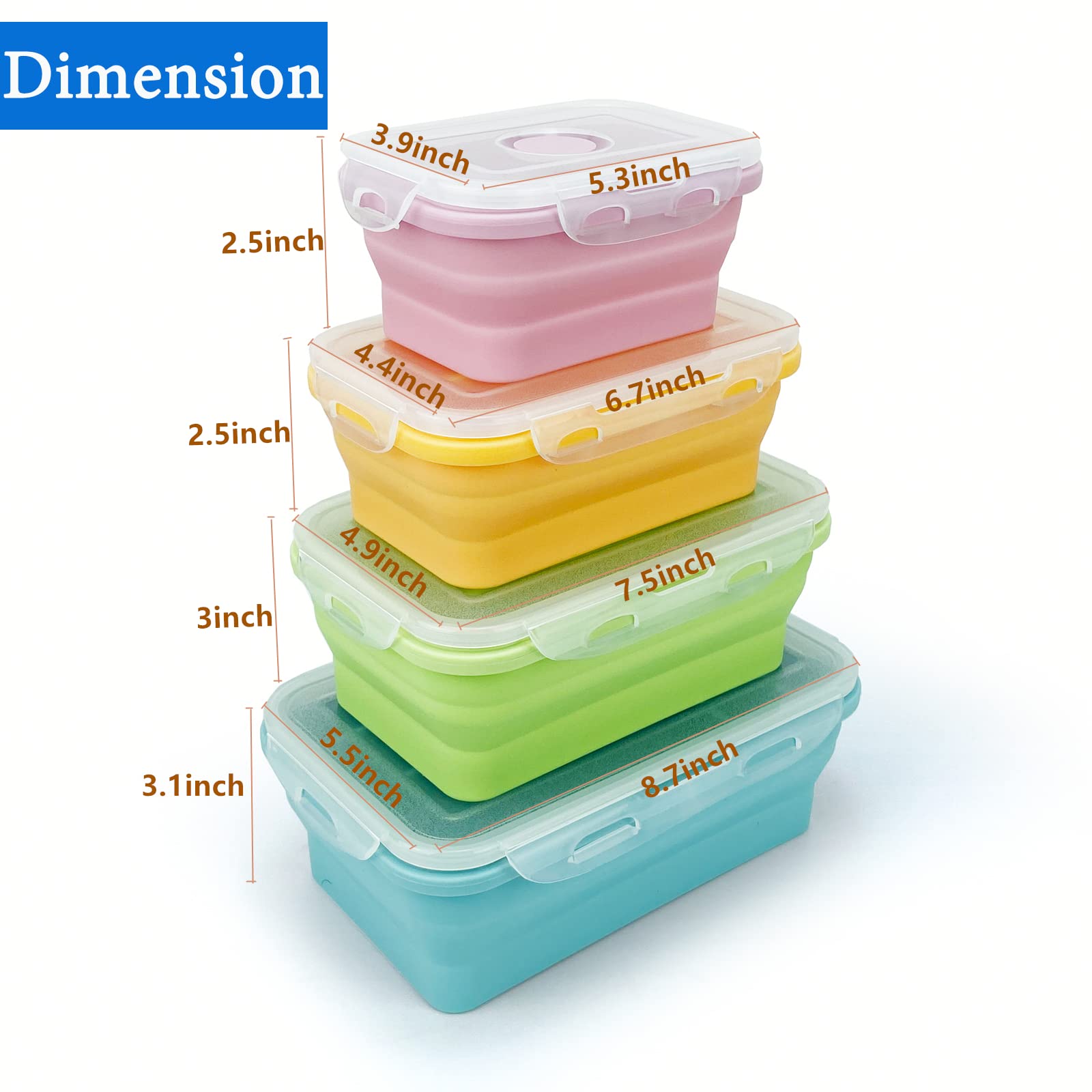 Lunbengo 4Pack Collapsible Reusable Lunch Containers, 350ml-500ml-800ml-1200ml, Silicone Food Storage Containers with Lids, Food Grade, Space Saving, Leak-proof Camping Travel Food Containers