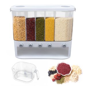 kiopowq food dispenser, rice containers wall-mounted 5 grid cereal container dispenser with with measuring cup, plastic airtight transparent storage containers sealed can for food, rice