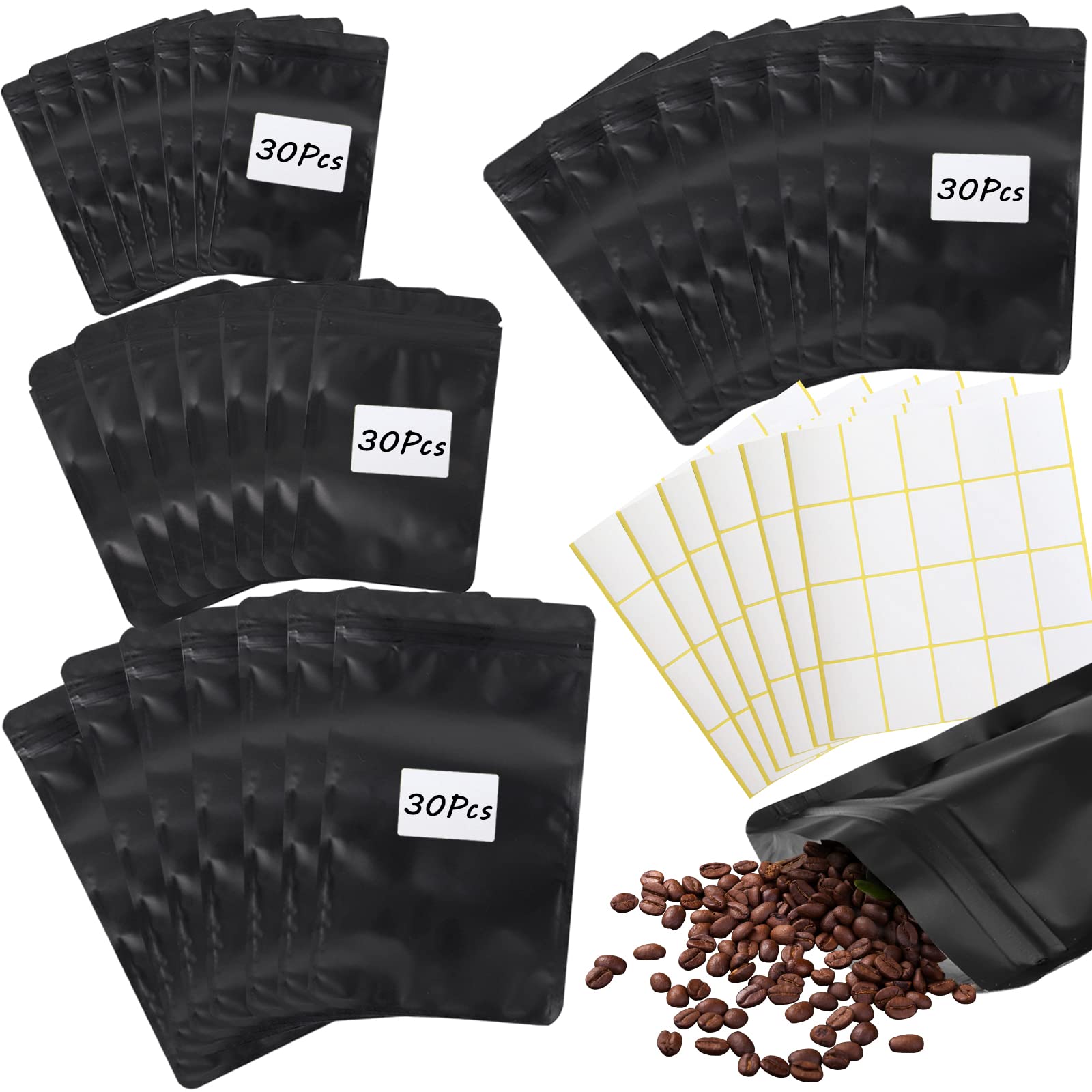 HMIEPRS HMIEPRS 120PCS Mylar Bags Matte Black, Smell Proof Bags Foil Packaging Pouch Stand Up with 120PCS Sticky Labels, Resealable Bags Coffee Bean for Food Self Sealing, Matte Black（Assorted Sizes）