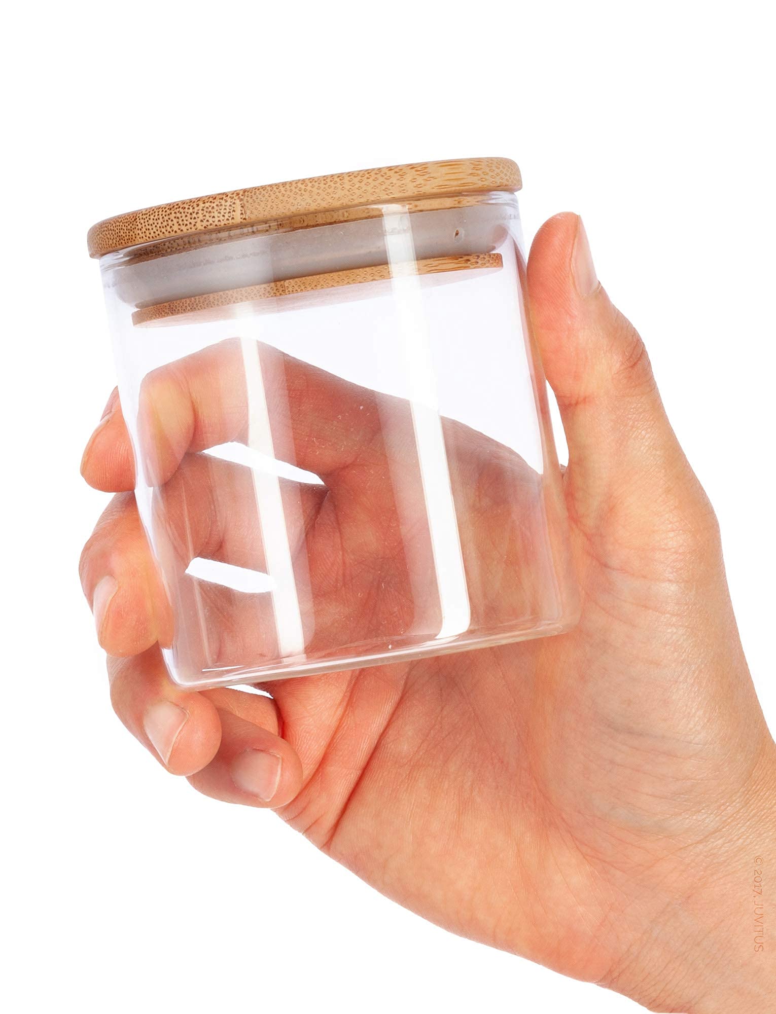 JUVITUS 8 oz Clear Glass Jar with Wooden Bamboo Silicone Sealed Lid (2 Pack)