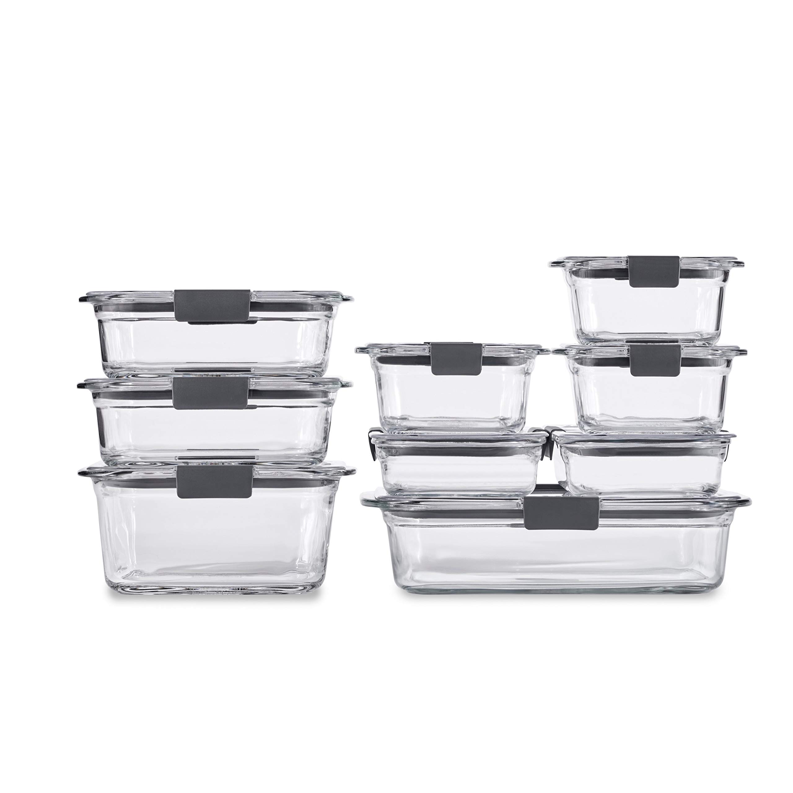 Rubbermaid 44-Piece Brilliance Food Storage Containers, Clear/Grey & Brilliance Glass Storage Set of 9 Food Containers with Lids (18 Pieces Total), Set, Assorted, Clear